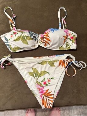 Vitamin A White Floral Bikini with Blue & Green Accents adjustable straps, ties